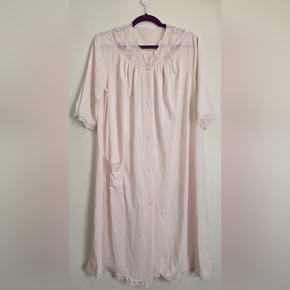 Vintage Women's Shadowline Nylon Lace Embroidered Nightgown Robe Medium Pink - Picture 1 of 7